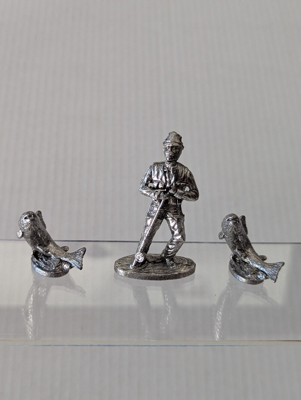 Vintage Metzke Pewter Fly Fisherman & Trout Figurine Vignette Set (3 Pc)